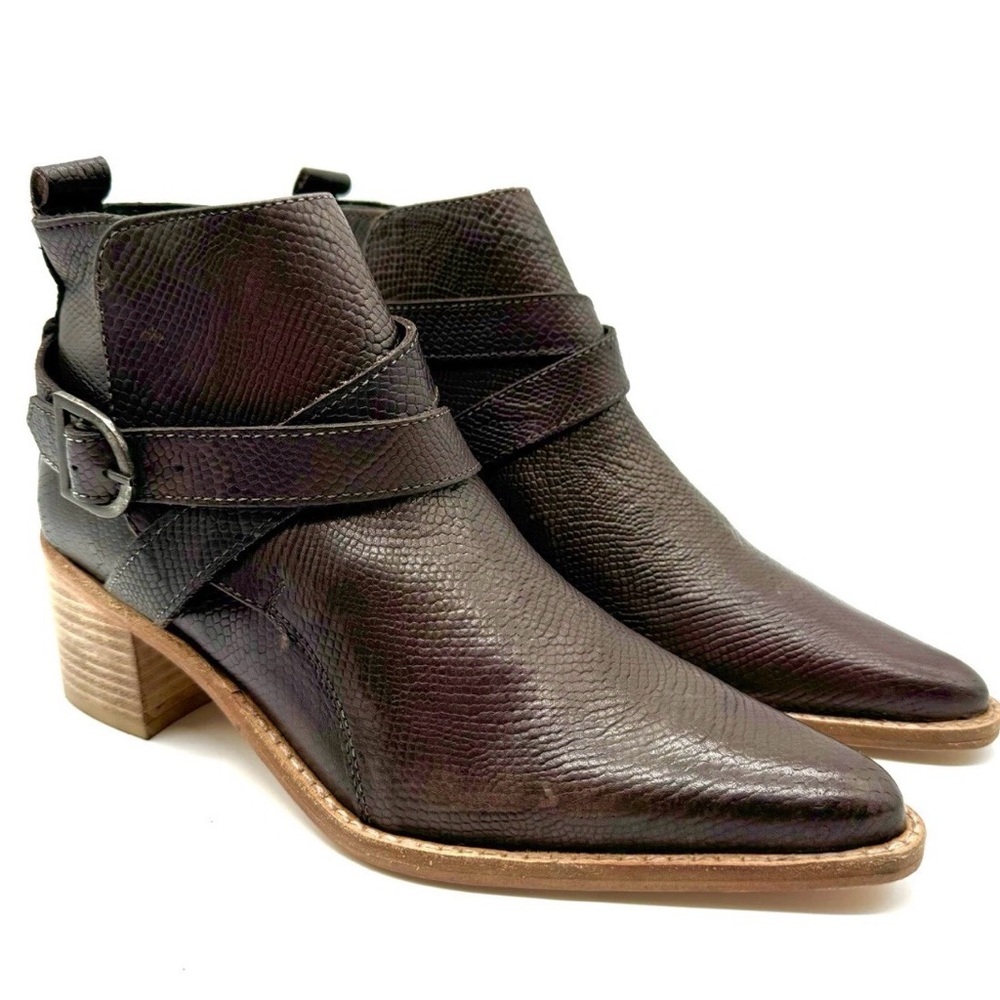 Free People Snakeskin Western Ankle Boots 37.5 Brown Buckle Pointed Toe